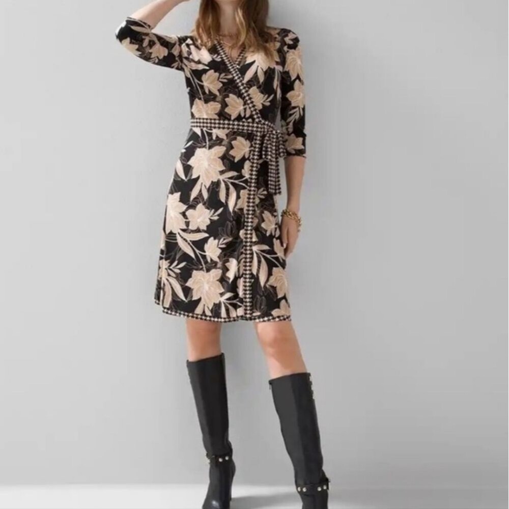 NWT White House Black Market Black Tan Floral Houndstooth Reversible Wrap Dress - Picture 14 of 15